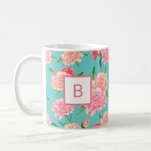 Taza De Café Monograma de Impresión de Clavel Rosa