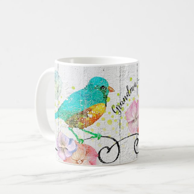 Taza De Café Monograma de la cita de la abuela floral Bluebird  (Anverso izquierdo)
