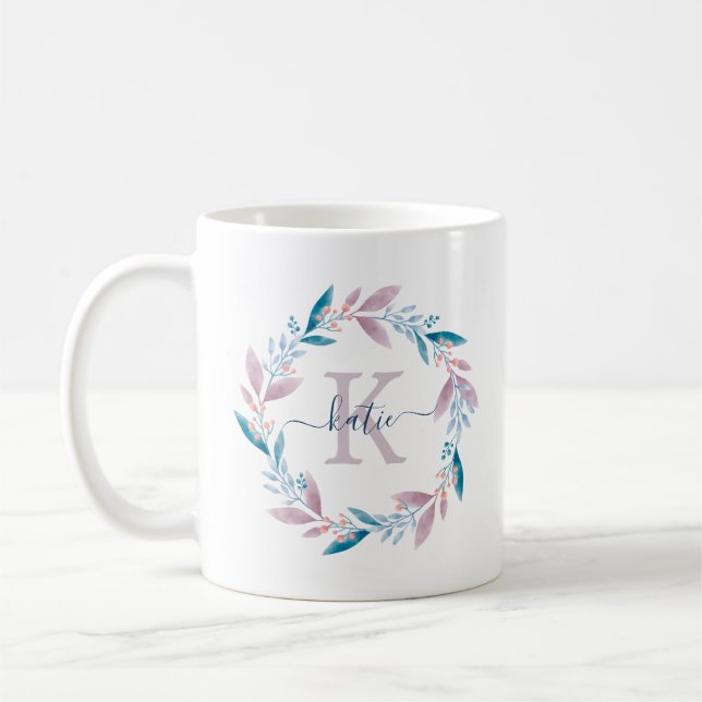 Taza De Café Monograma de la floral de la acuarela de Lilac (Izquierda)