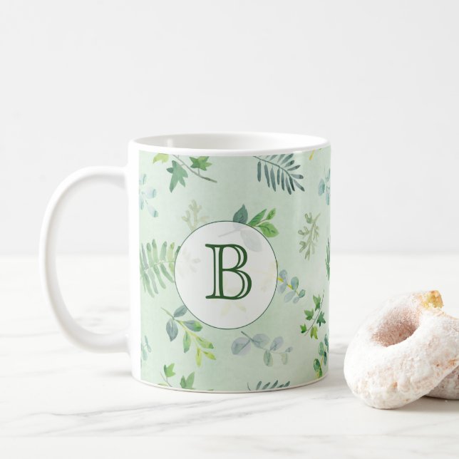 Taza De Café Monograma de la vegetación acuarela (Con donut)