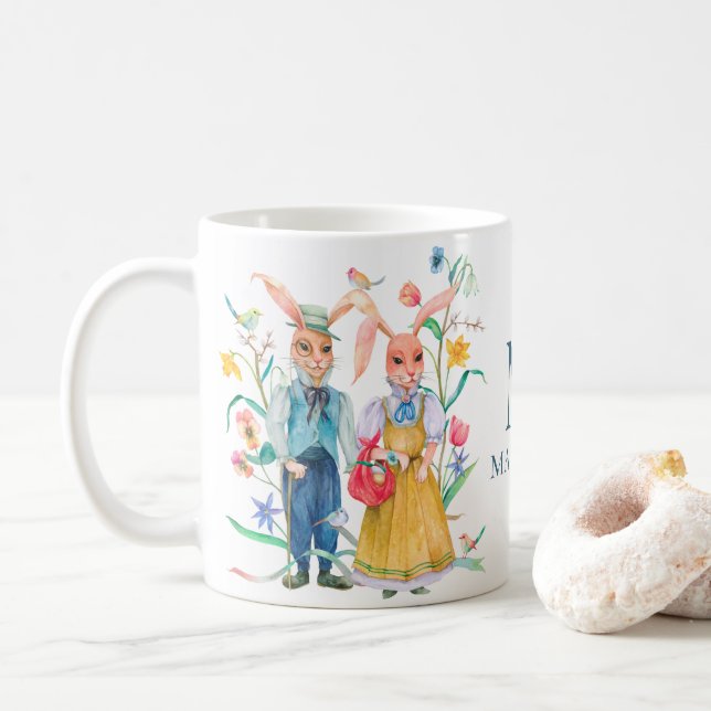 Taza De Café Monograma de las flores de primavera del conejo de (Con donut)