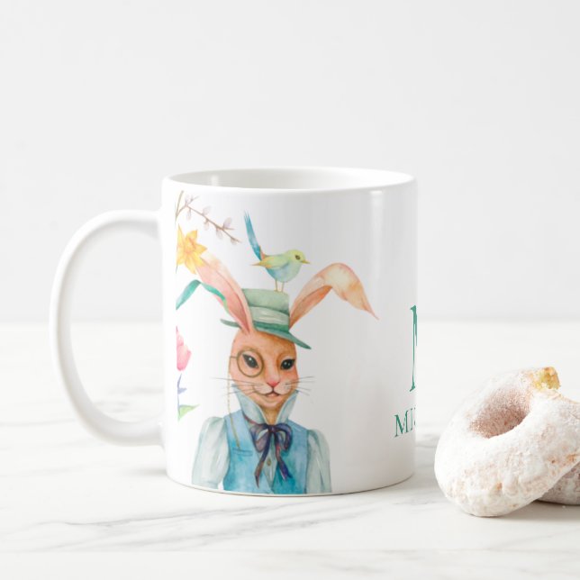 Taza De Café Monograma de las flores de primavera del conejo de (Con donut)