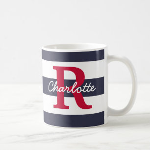 Taza De Café Monograma de las franjas azules de la marina