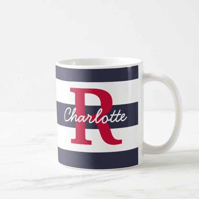 Taza De Café Monograma de las franjas azules de la marina (Derecha)