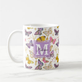 Taza De Café Monograma de las mariposas singulares Faux Gliitte