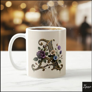 Taza De Café Monograma de letra A dorada floral antigua