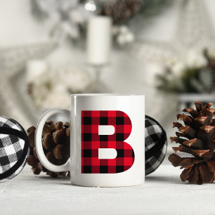 Taza De Café Monograma de letra B mayúscula en cuadros rojo y n