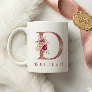 Taza De Café Monograma de letra D floral en oro rosa personaliz