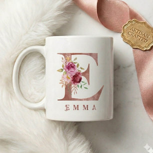Taza De Café Monograma de letra E floral en oro rosa personaliz