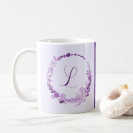 Taza De Café Monograma de Letra Inicial Floral Morado Elegante