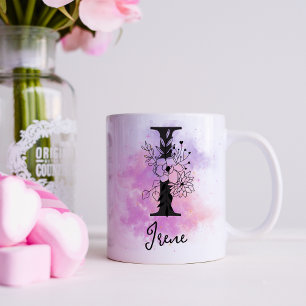 Taza De Café Monograma de letra negra floral rosa púrpura I