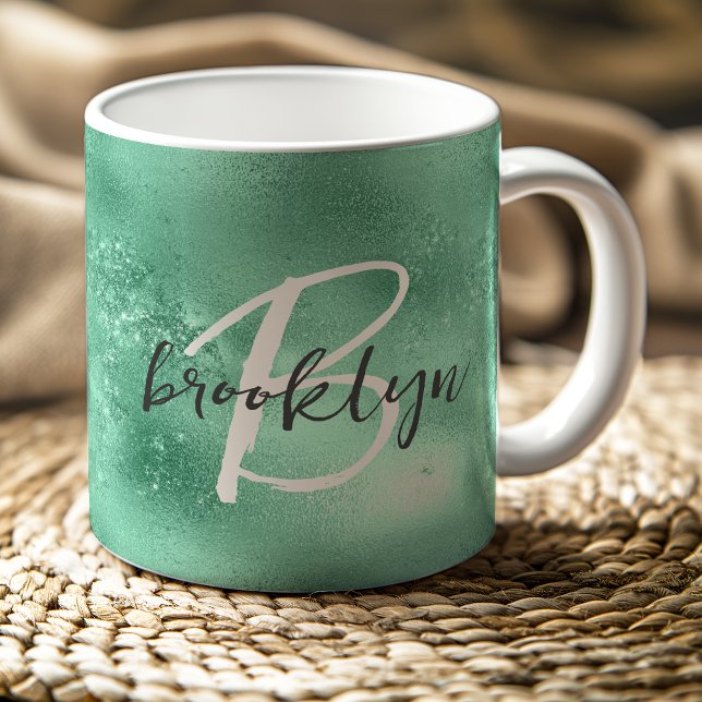 Taza De Café Monograma de letra script Glam Mint Verde (Subido por el creador)