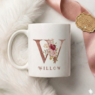 Taza De Café Monograma de letra W floral en oro rosa personaliz