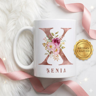 Taza De Café Monograma de letra X floral en oro rosa personaliz