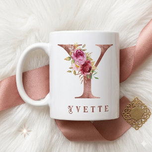 Taza De Café Monograma de letra Y floral en oro rosa personaliz