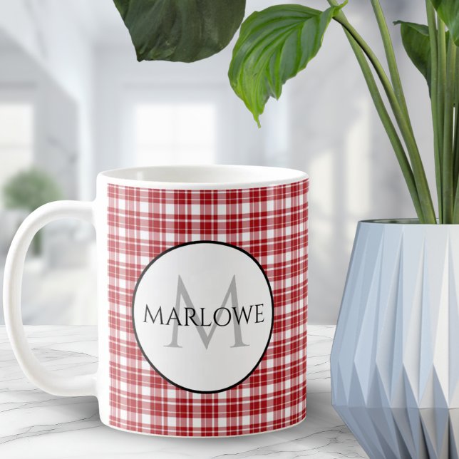 Taza De Café Monograma de los controles rojos blancos (Red White Checks Plaid Monogram Coffee Mug)