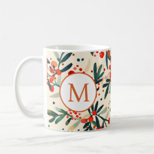 Taza De Café Monograma de los modernos Navidades rojos Holly Be