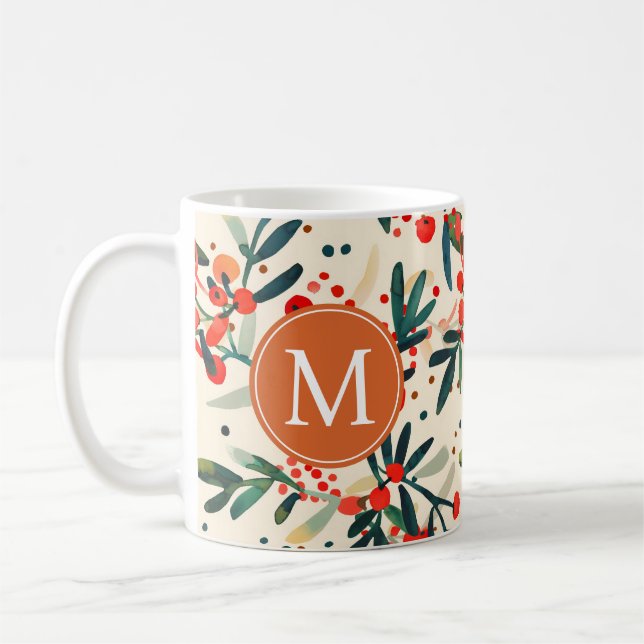 Taza De Café Monograma de los modernos Navidades rojos Holly Be (Izquierda)