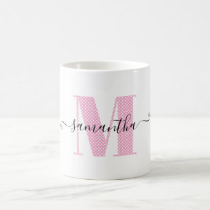 Taza De Café Monograma de lunares rosa claro y blanco femenino