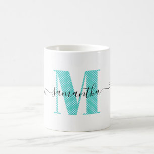 Taza De Café Monograma de lunares turquesa y blanco femenino