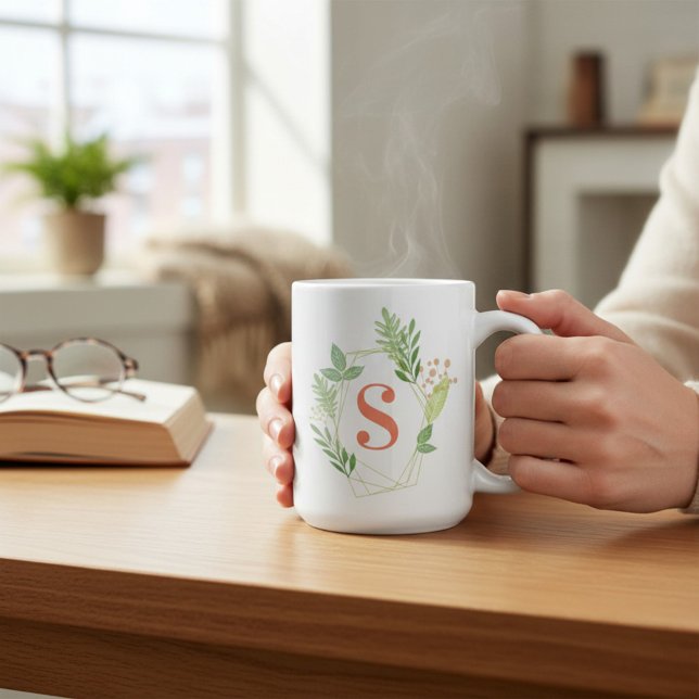 Taza De Café Monograma de marco geométrico floral verde (Subido por el creador)