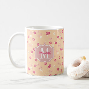 Taza De Café Monograma de Margaritas Florales Rosa Coral Vintag