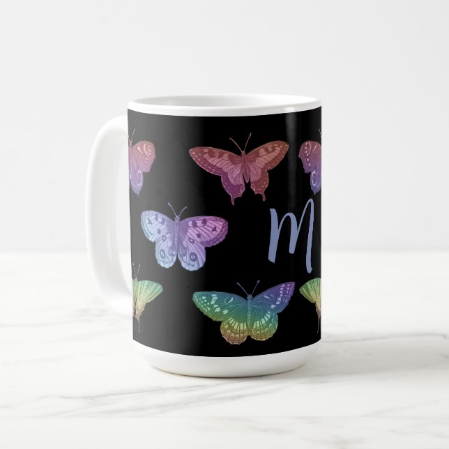 Taza De Café Monograma de mariposas coloreadas de época (Anverso izquierdo)