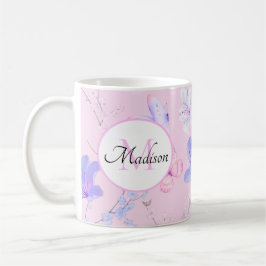 Taza De Café Monograma de mariposas florales en acuarela rosa