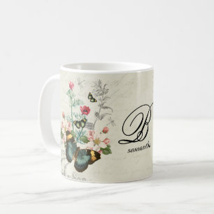 Taza De Café Monograma de mariposas ventilatorias románticas