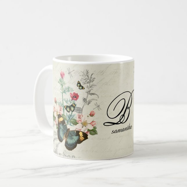 Taza De Café Monograma de mariposas ventilatorias románticas (Anverso izquierdo)