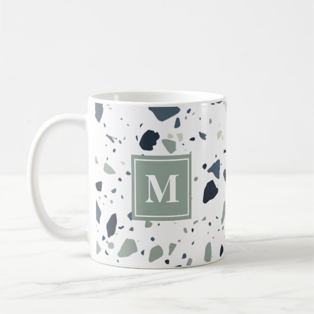 Taza De Café Monograma de mármol de Terrazzo verde azul moderno (Izquierda)