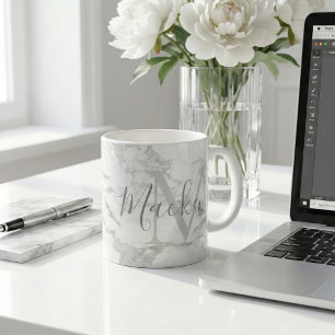 Taza De Café Monograma de mármol Relieve metalizado plateado de