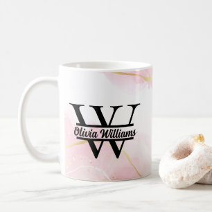 Taza De Café Monograma de mármol rosa   Brillo dorado moderno f