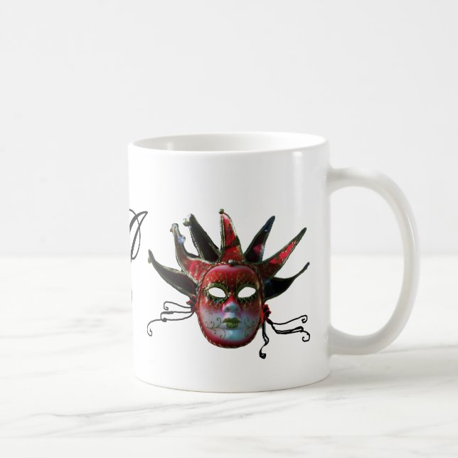 Taza De Café MONOGRAMA DE MÁSCARA DE JESTER ROJO NEGRO, Fiesta  (Derecha)