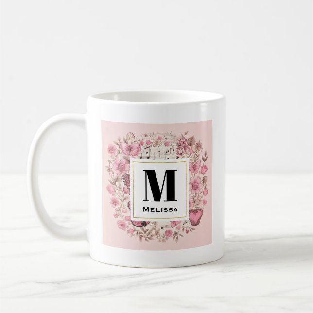 Taza De Café Monograma de Music Notes and Flowers Retro Style (Izquierda)