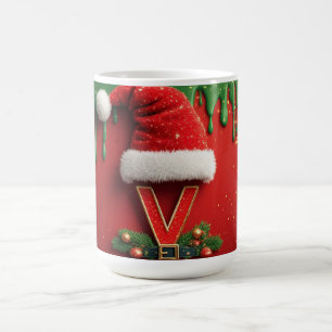 Taza De Café Monograma de Navidad Letra V Santa de Vacaciones