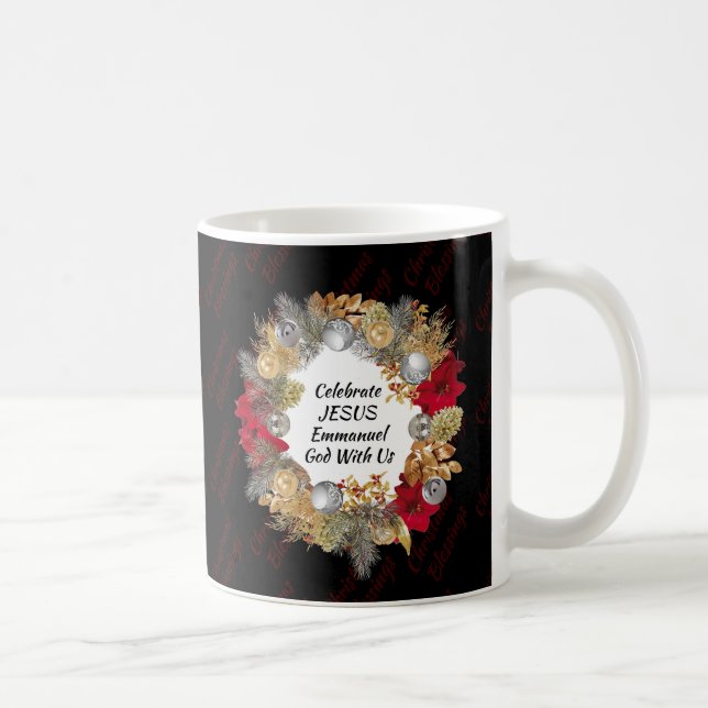 Taza De Café Monograma de Navidades negros Wreath JESUS (Derecha)