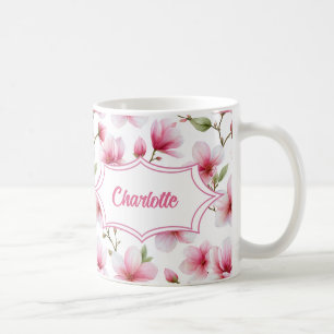 Taza De Café Monograma de nombre botánico de magnolia rosa en a