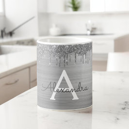 Taza De Café Monograma de nombre de metal cepillado con brillo 