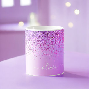 Taza De Café Monograma de nombre de purpurina de lujo femenino