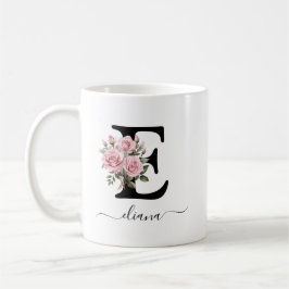 Taza De Café Monograma de nombre floral de rosas rosadas inicia