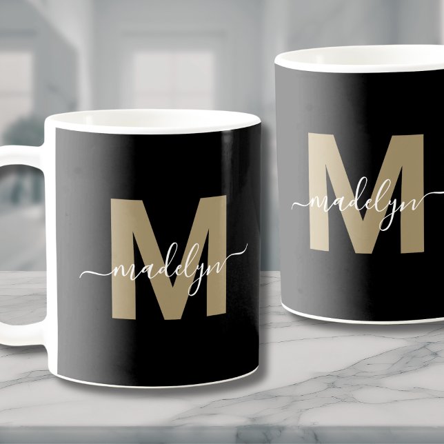 Taza De Café Monograma de nombre inicial de oro negro (Rose Gold Glitter Sparkle Monogram Coffee Mug)