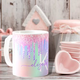 Taza De Café Monograma de nombre morado rosado holográfico