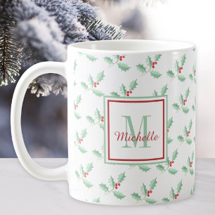 Taza De Café Monograma de nombre Navidad Acebo