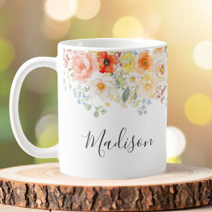 Taza De Café Monograma de nombre personalizado acuarela floral 