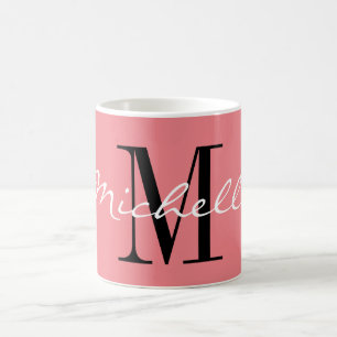 Taza De Café Monograma de nombre personalizado blanco y rosa de