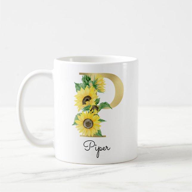 Taza De Café Monograma de oro con girasol Floral Inicial P feme (Izquierda)