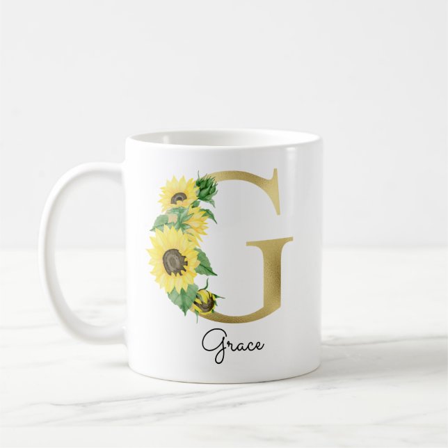 Taza De Café Monograma de oro con girasoles Floral inicial G fe (Izquierda)