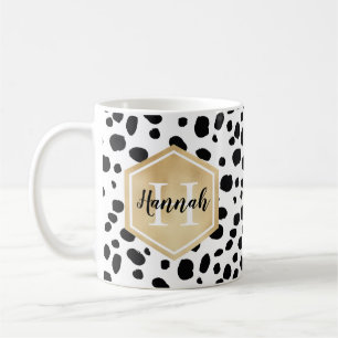 Taza De Café Monograma de oro del patrón Black White Spots