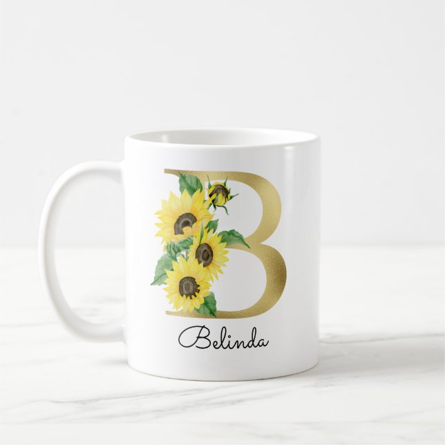 Taza De Café Monograma de oro girasol femenino floral inicial B (Izquierda)
